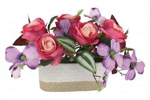 Декоративные цветы Розы малиновые с сиреневыми цветами в керамической вазе, арт. 56583
