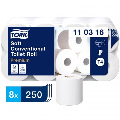 Бумага туалетная Tork 3сл бел 100%цел втул 30м 250л/рул 8рул/уп 110316