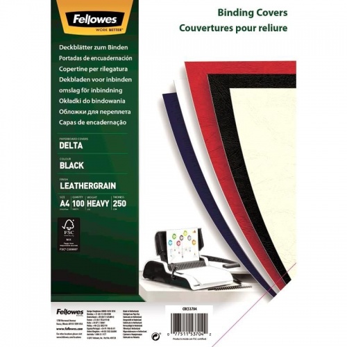 Обложки для переплета картонные Fellowes черный кожа, А4,250г/м2,100 шт/уп