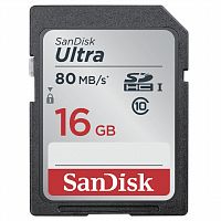 Карта памяти SDHC, 16 GB, SANDISK Ultra, UHS-I U1, 80 Мб/сек. (class 10), DUNC-016G-GN6IN