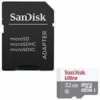 Карта памяти microSDHC, 32 GB, SANDISK Ultra UHS-I U1, 80 Мб/сек (class 10), адаптер, QUNS-032G-GN3MA