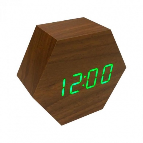 Настольные цифровые часы-будильник VST-876, цвет - коричневый с зеленой подсветкой