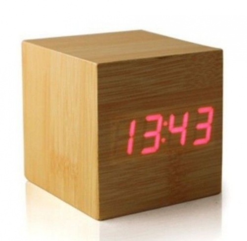 Часы электронные в деревянном корпусе VST-869, светло-коричневые с красной подсветкой